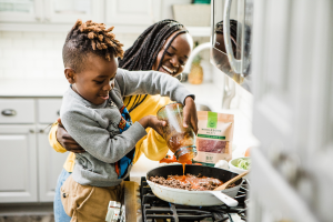 Mum and son cooking