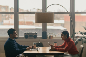 People talking over a table