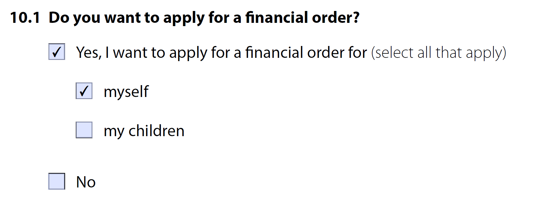 Financial order question on divorce application